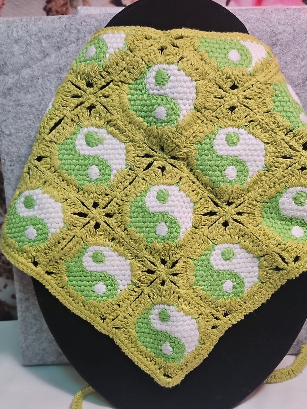 Handmade Crochet Bandana in Lime Green & White - Yin Yang